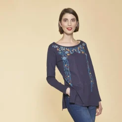 Tee-shirt long fendu col rond manches longues imprimé devant femme - Bleu Indigo en coton