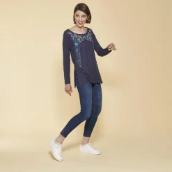 Tee-shirt long fendu col rond manches longues imprimé devant femme - Bleu Indigo en coton