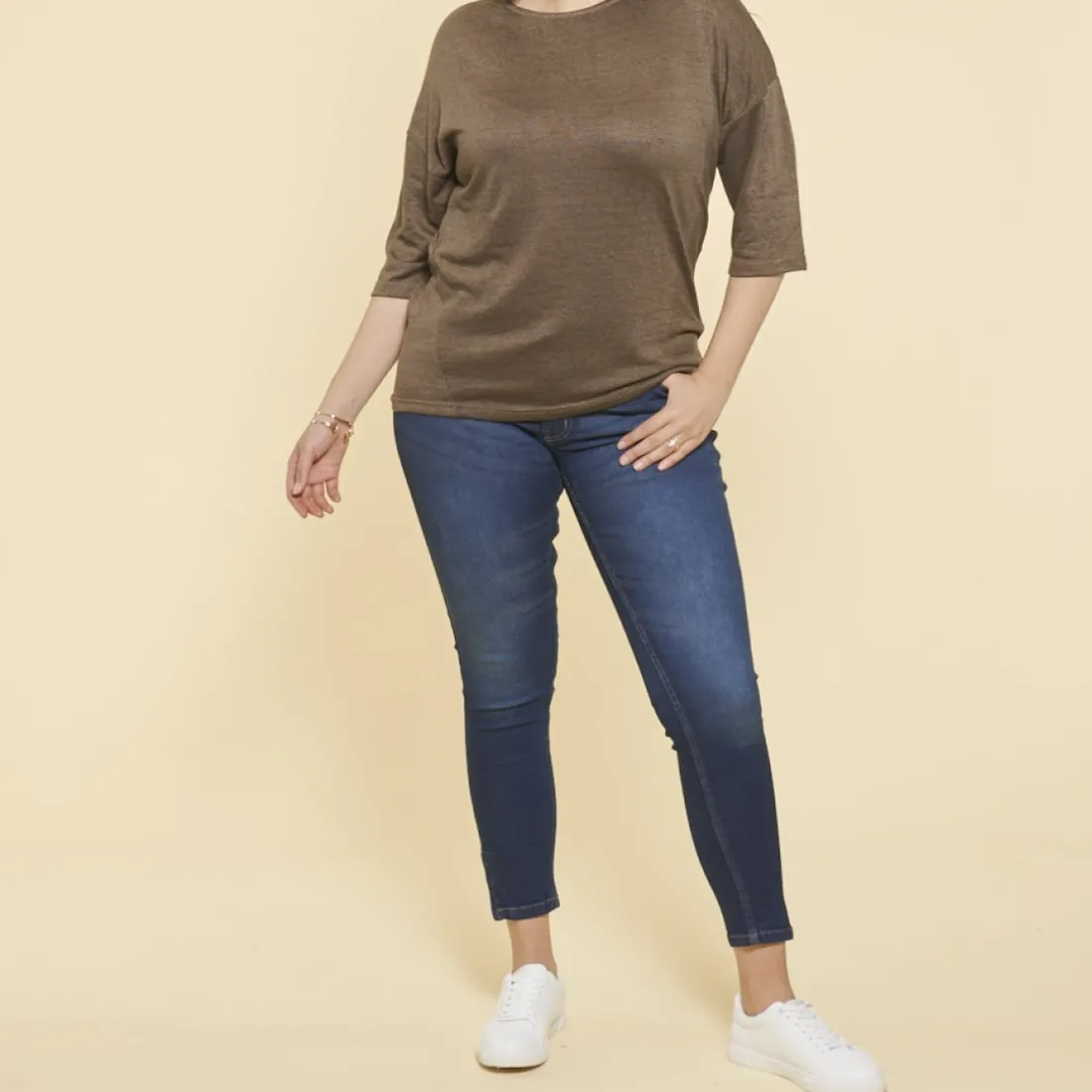 Tee-shirt maille ajourée manches 3/4 femme - kaki foncé