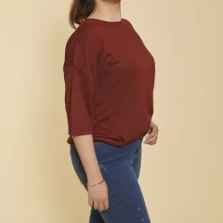 Tee-shirt maille ajourée manches 3/4 femme - Rouge