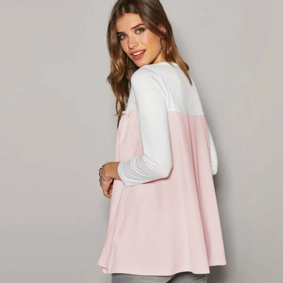 Tee-shirt manches 3/4 bas arrondi contrasté femme - Blanc en coton