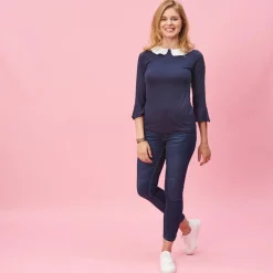 Tee-shirt manches 3/4 col brodé amovible femme - Bleu Marine