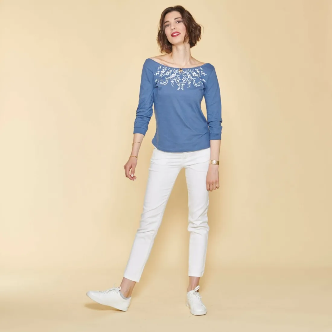 Tee-shirt manches 3/4 imprimé guipure femme - Bleu