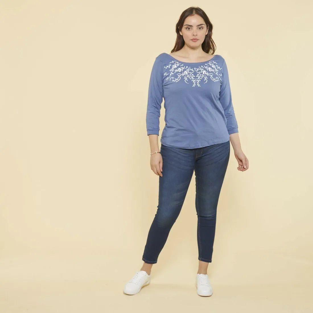 Tee-shirt manches 3/4 imprimé guipure femme - Bleu