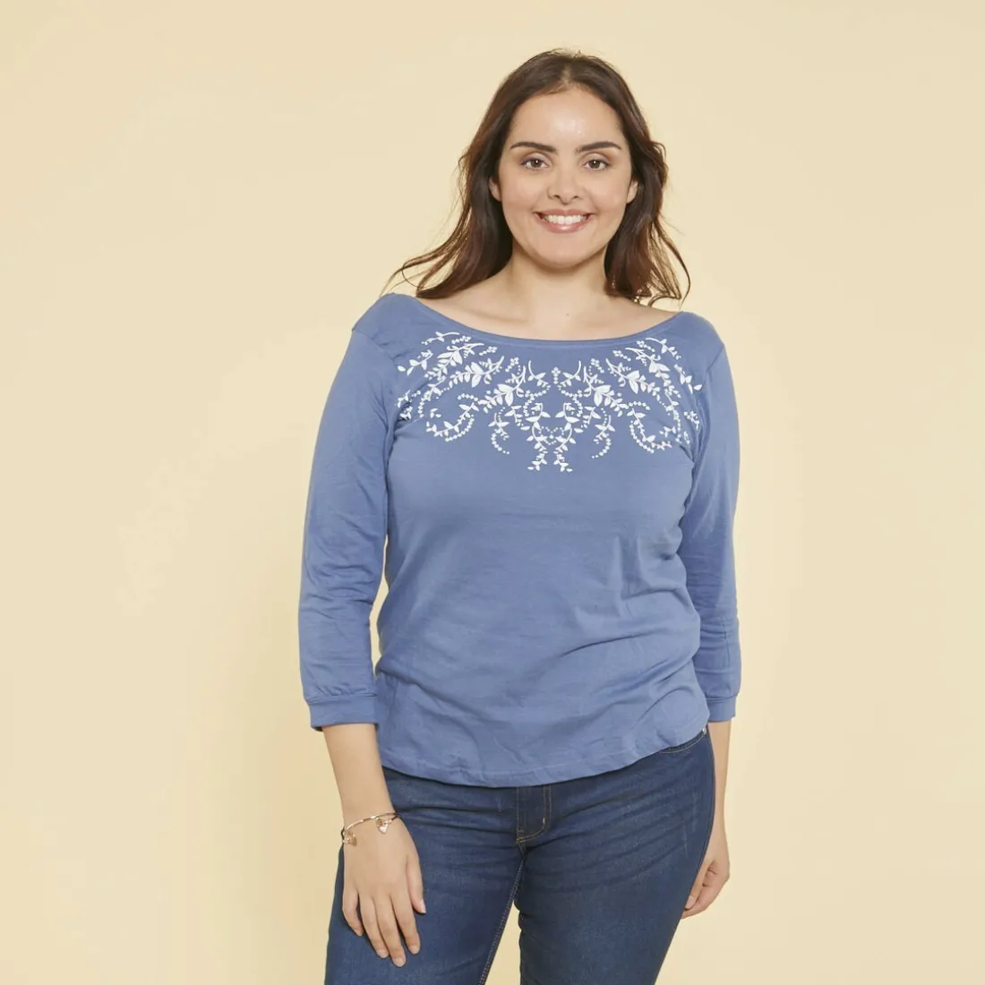 Tee-shirt manches 3/4 imprimé guipure femme - Bleu