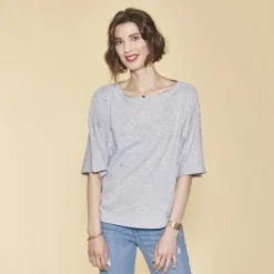 Tee-shirt manches courtes oeillets devant femme - gris chiné