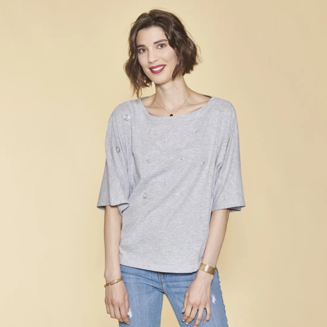 Tee-shirt manches courtes oeillets devant femme - gris chiné
