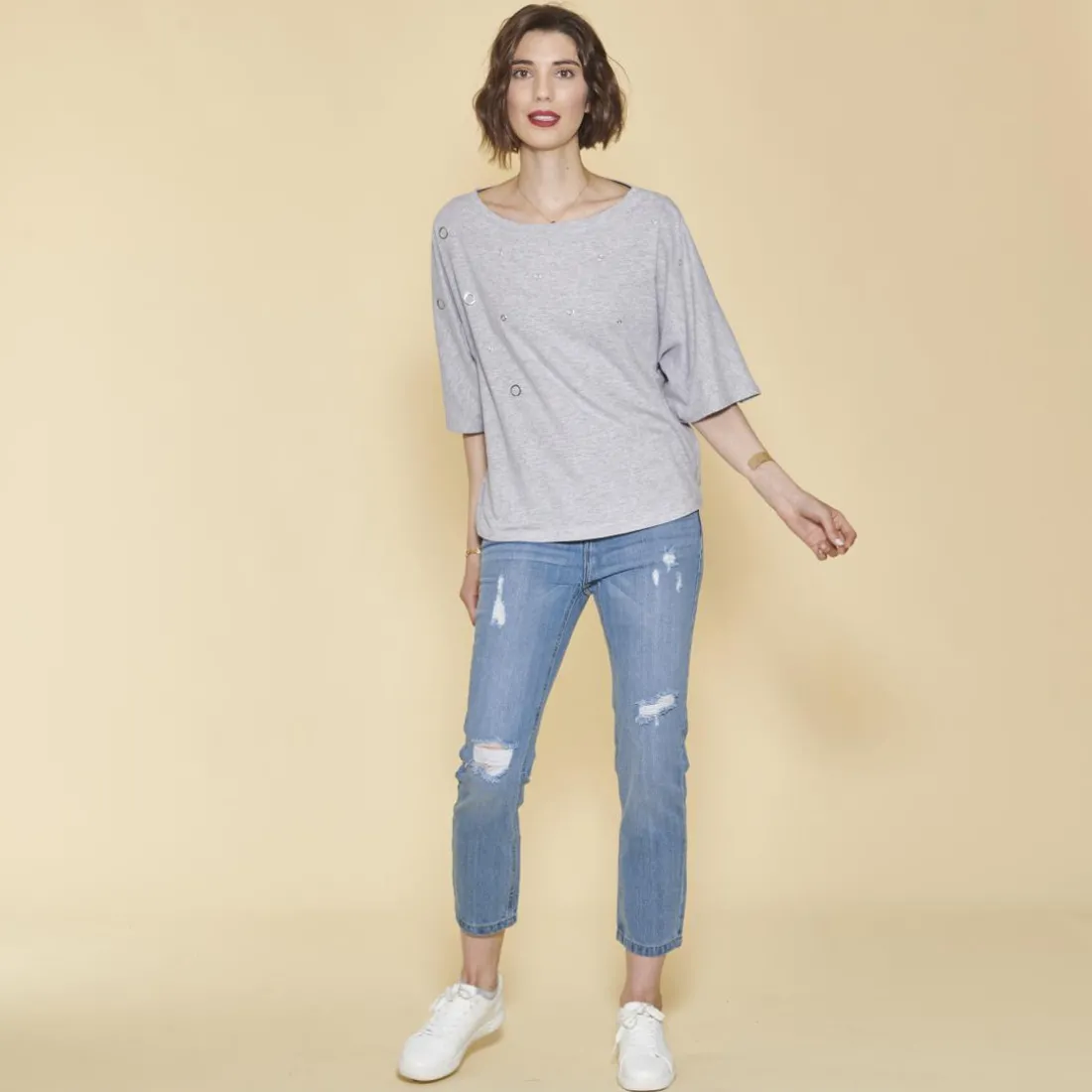 Tee-shirt manches courtes oeillets devant femme - gris chiné