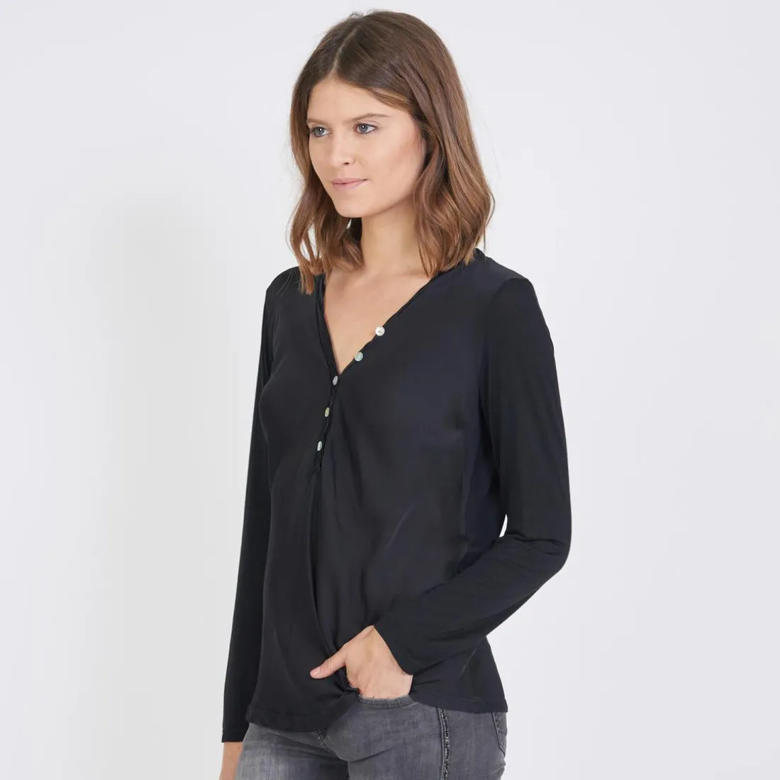 Tee-shirt manches longues mélange soie Jil noir