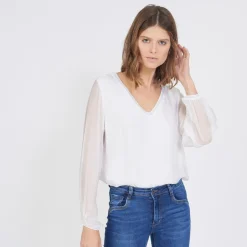 Tee-shirt manches longues doublure soie John blanc