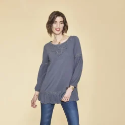 Tee-shirt manches longues élastiquées guipure et volants femme - Bleu Nuit en coton