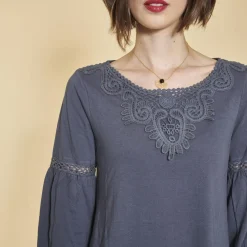 Tee-shirt manches longues élastiquées guipure et volants femme - Bleu Nuit en coton
