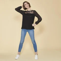 Tee-shirt manches longues dos ouvert et drapé dentelle femme - Noir