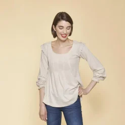 Tee-shirt manches longues élastiquées et dentelle femme - Sable beige en coton
