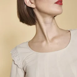 Tee-shirt manches longues élastiquées et dentelle femme - Sable beige en coton
