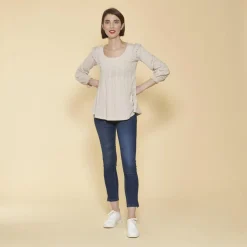 Tee-shirt manches longues élastiquées et dentelle femme - Sable beige en coton