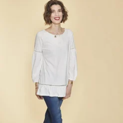 Tee-shirt manches longues élastiquées guipure et volants femme - écru blanc en coton