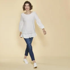 Tee-shirt manches longues élastiquées guipure et volants femme - écru blanc en coton