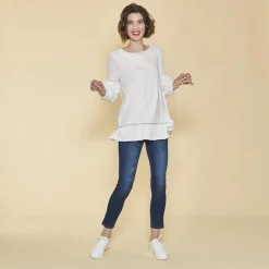 Tee-shirt manches longues élastiquées guipure et volants femme - écru blanc en coton