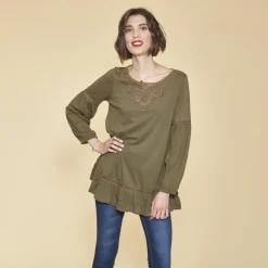 Tee-shirt manches longues élastiquées guipure et volants femme - Kaki en coton