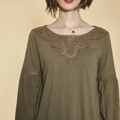 Tee-shirt manches longues élastiquées guipure et volants femme - Kaki en coton