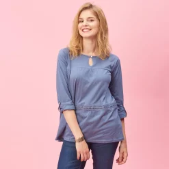 Tee-shirt manches longues ajustables dentelle et fronces femme - Bleu en coton
