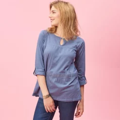 Tee-shirt manches longues ajustables dentelle et fronces femme - Bleu en coton