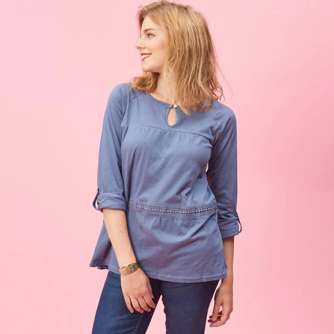 Tee-shirt manches longues ajustables dentelle et fronces femme - Bleu en coton