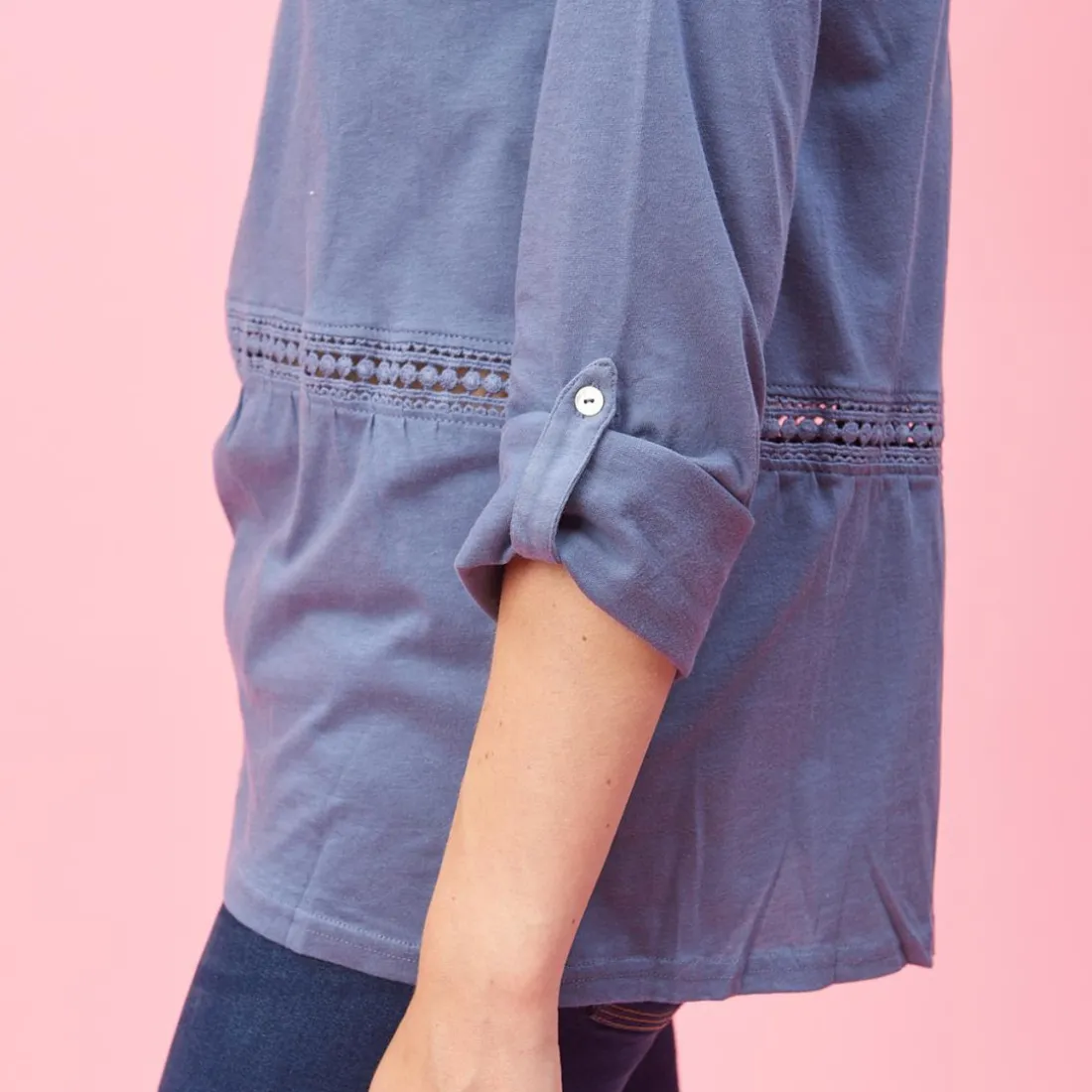 Tee-shirt manches longues ajustables dentelle et fronces femme - Bleu en coton