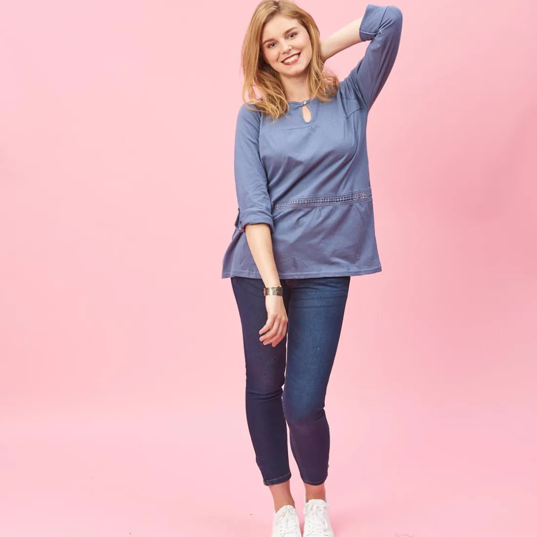 Tee-shirt manches longues ajustables dentelle et fronces femme - Bleu en coton