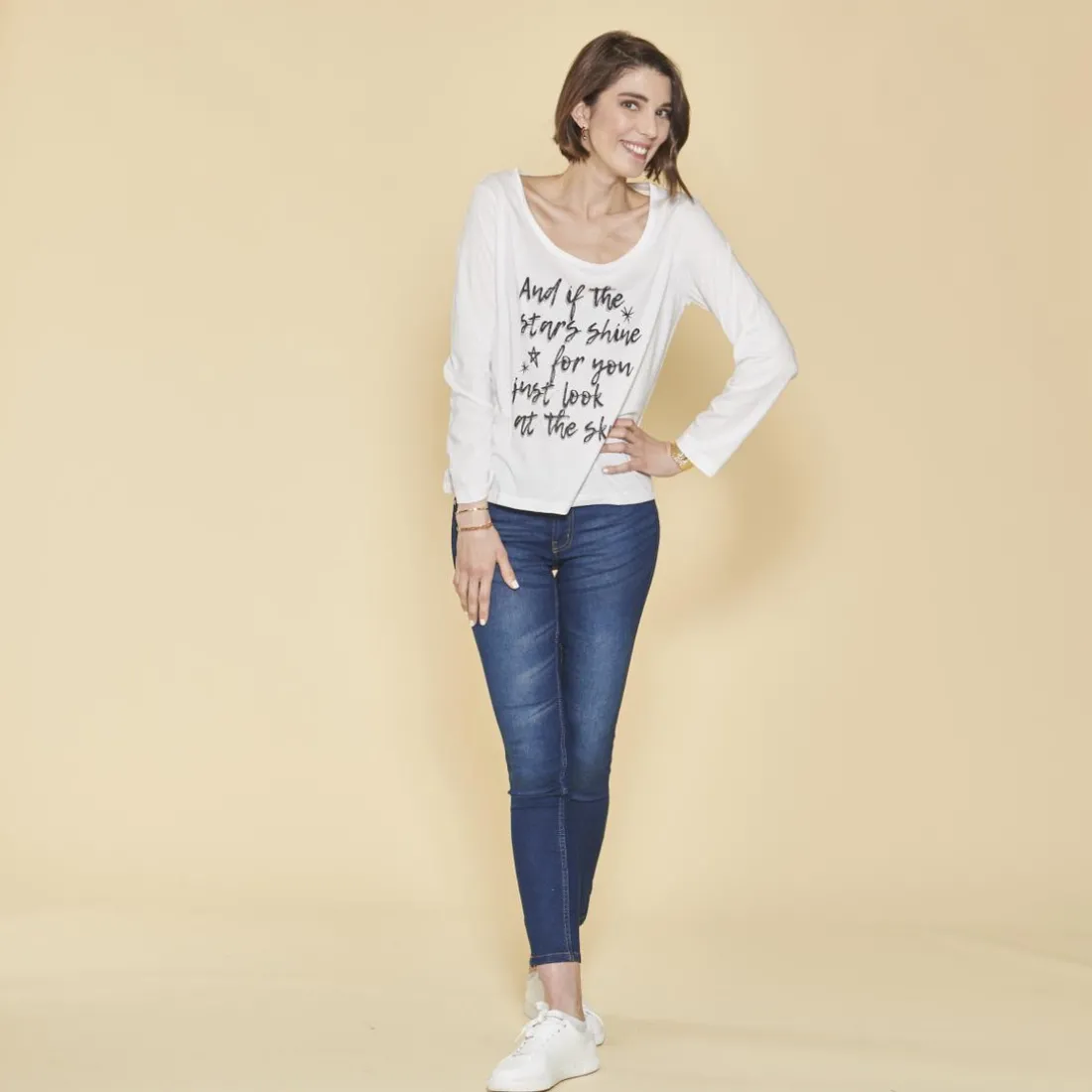 Tee-shirt manches longues message imprimé femme - écru blanc en coton