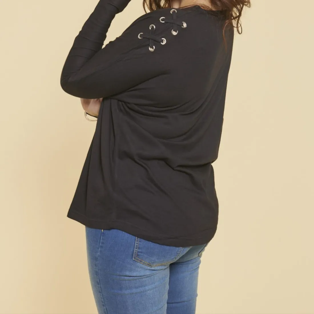 Tee-shirt manches longues kimono avec cordons entrecroisés grandes tailles femme - Noir en coton