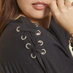 Tee-shirt manches longues kimono avec cordons entrecroisés grandes tailles femme - Noir en coton