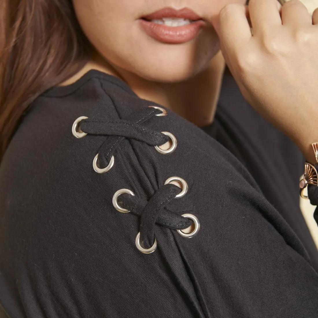 Tee-shirt manches longues kimono avec cordons entrecroisés grandes tailles femme - Noir en coton