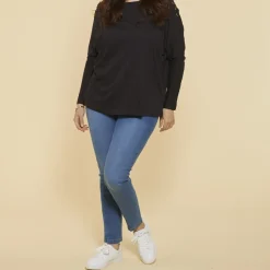 Tee-shirt manches longues kimono avec cordons entrecroisés grandes tailles femme - Noir en coton