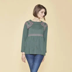 Tee-shirt manches longues bas volanté et imprimé devant femme - Vert Bouteille en coton