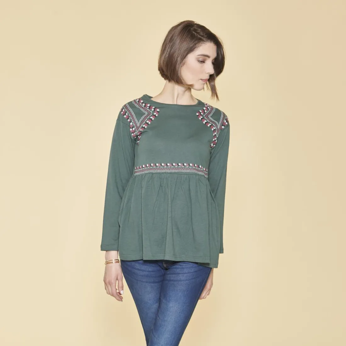 Tee-shirt manches longues bas volanté et imprimé devant femme - Vert Bouteille en coton