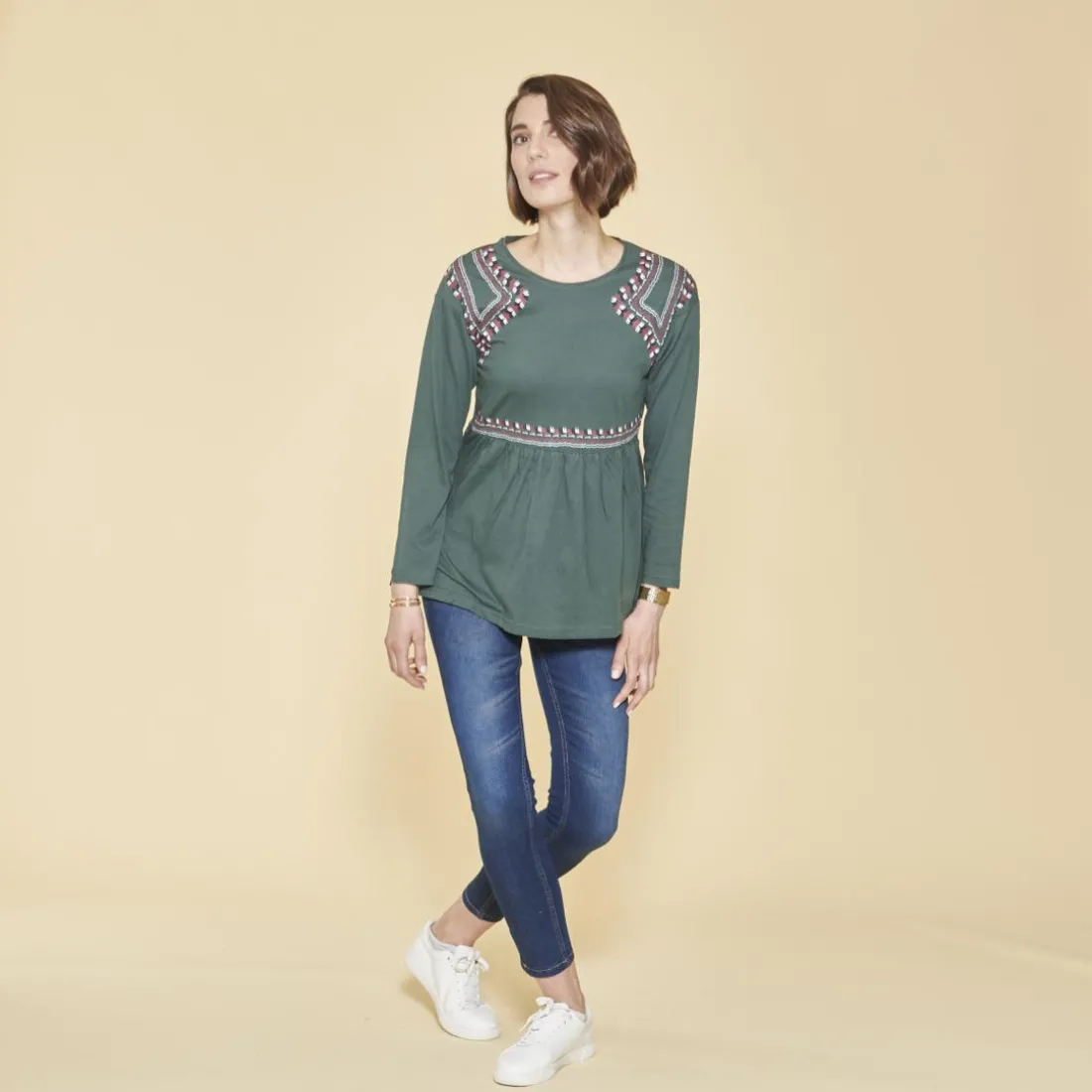 Tee-shirt manches longues bas volanté et imprimé devant femme - Vert Bouteille en coton