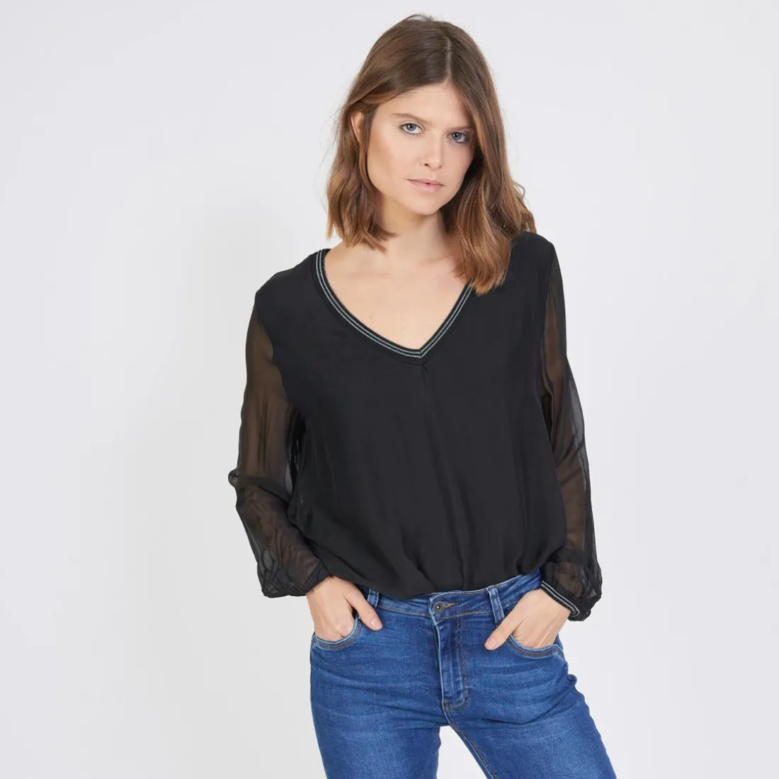 Tee-shirt manches longues doublure soie John noir