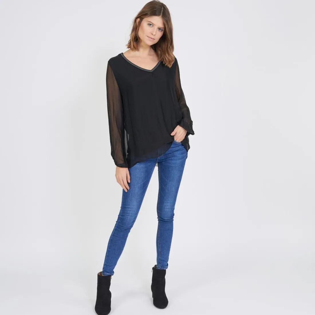 Tee-shirt manches longues doublure soie John noir