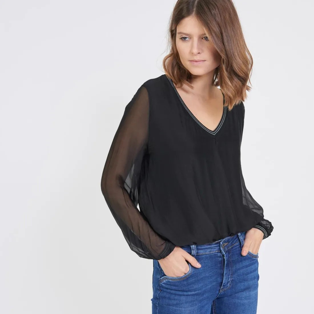 Tee-shirt manches longues doublure soie John noir