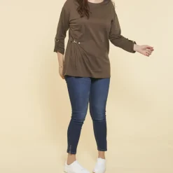 Tee-shirt manches longues ajustables clip métallique latéral femme - kaki foncé en coton