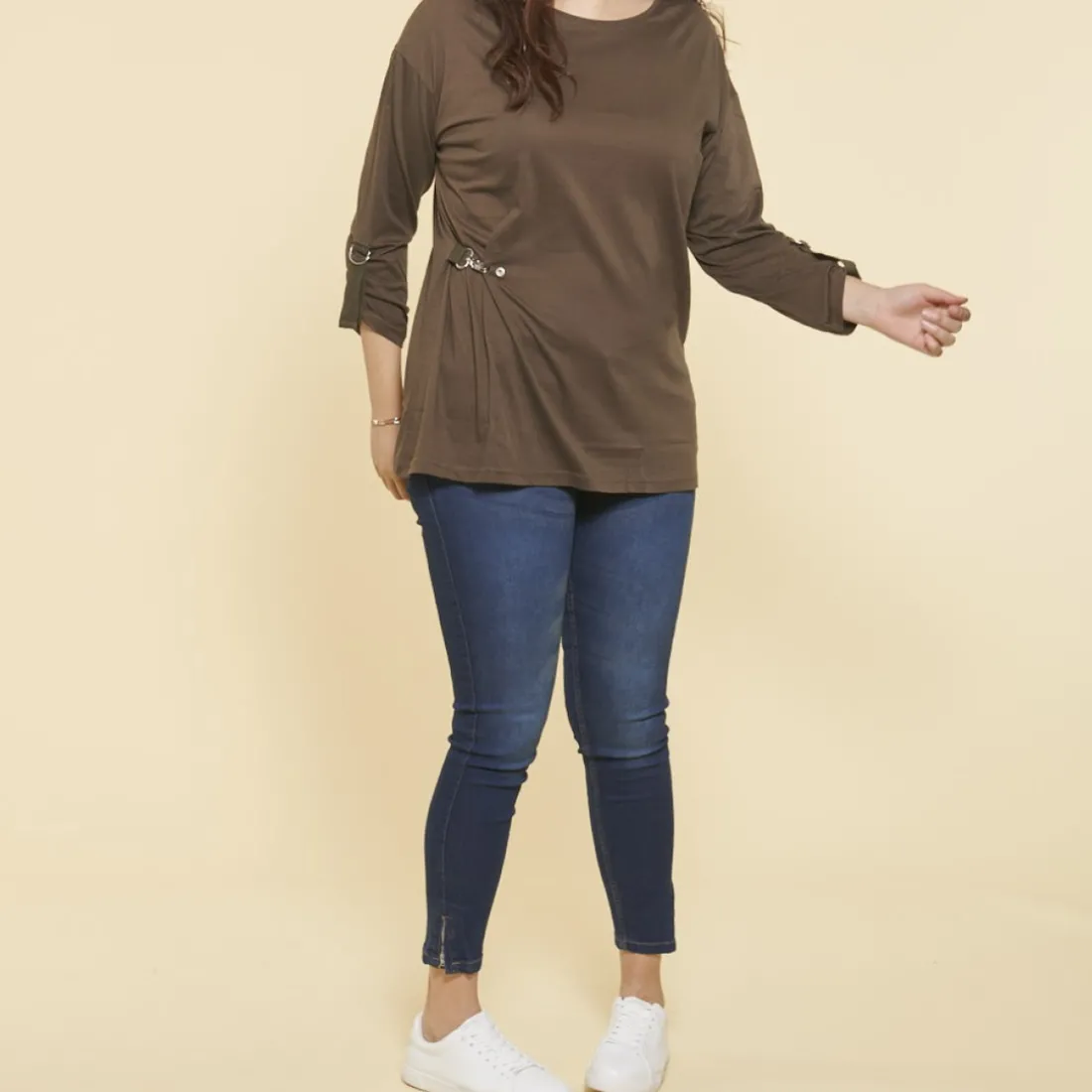 Tee-shirt manches longues ajustables clip métallique latéral femme - kaki foncé en coton