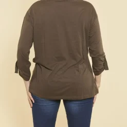 Tee-shirt manches longues ajustables clip métallique latéral femme - kaki foncé en coton