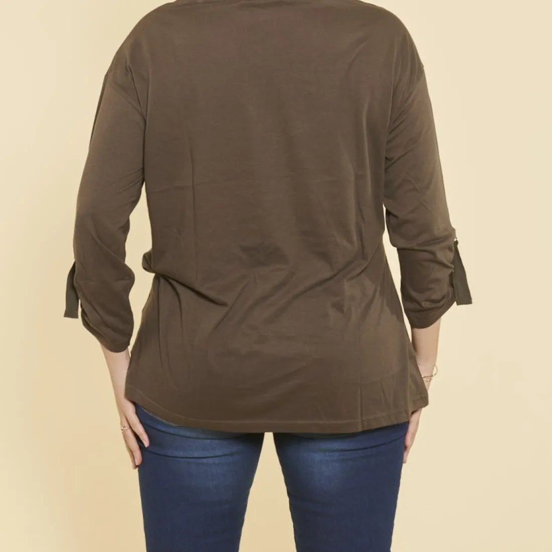 Tee-shirt manches longues ajustables clip métallique latéral femme - kaki foncé en coton