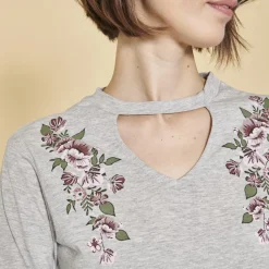 Tee-shirt ouverture en V manches longues élastiquées imprimé devant femme - gris chiné