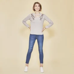 Tee-shirt ouverture en V manches longues élastiquées imprimé devant femme - gris chiné