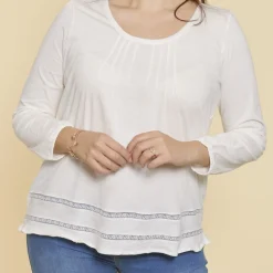 Tee-shirt plis manches longues dentelle femme - écru blanc en coton