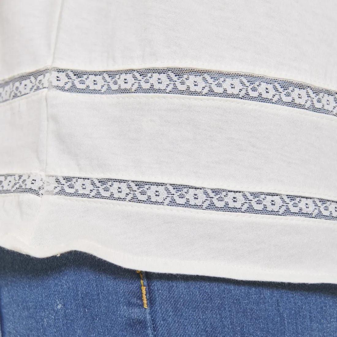 Tee-shirt plis manches longues dentelle femme - écru blanc en coton