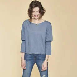 Tee-shirt poignets en nid d'abeille 3 Suisses femme - Bleu